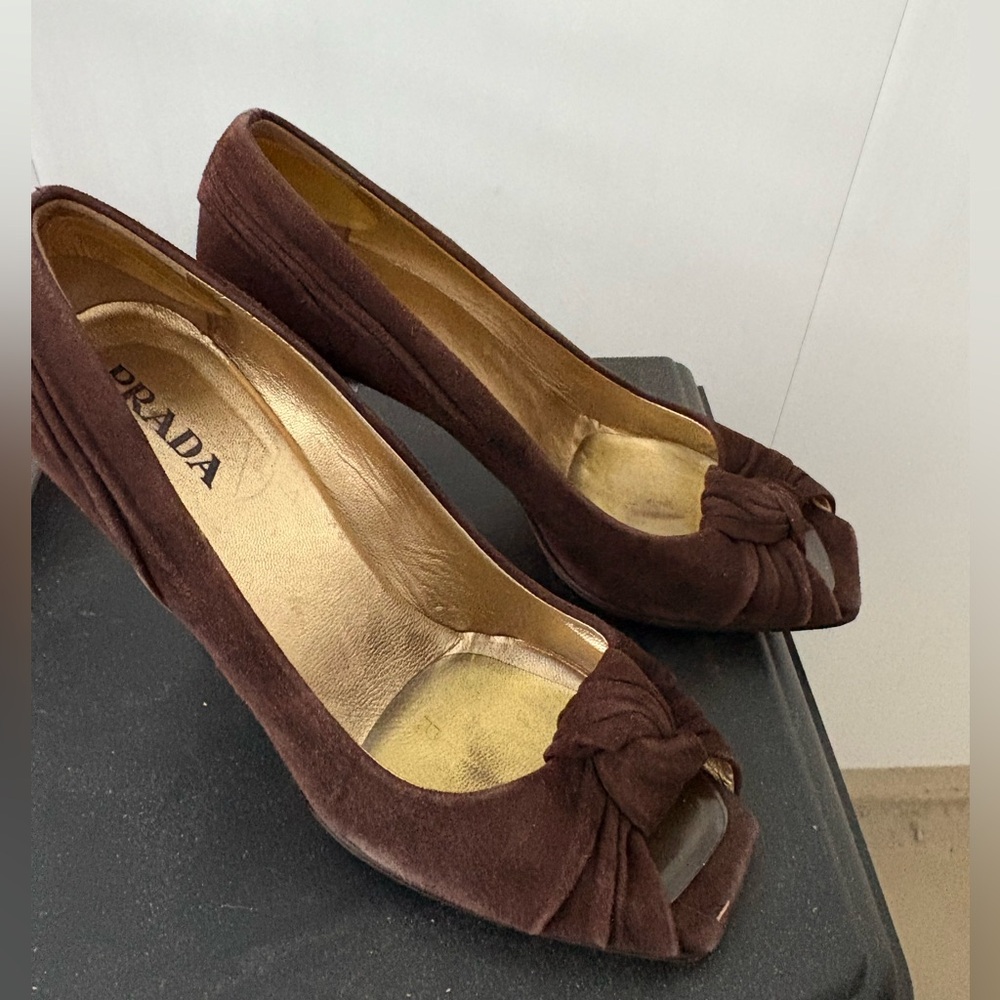 Prada Women's Dark Brown Suede Peep-Toe Heels